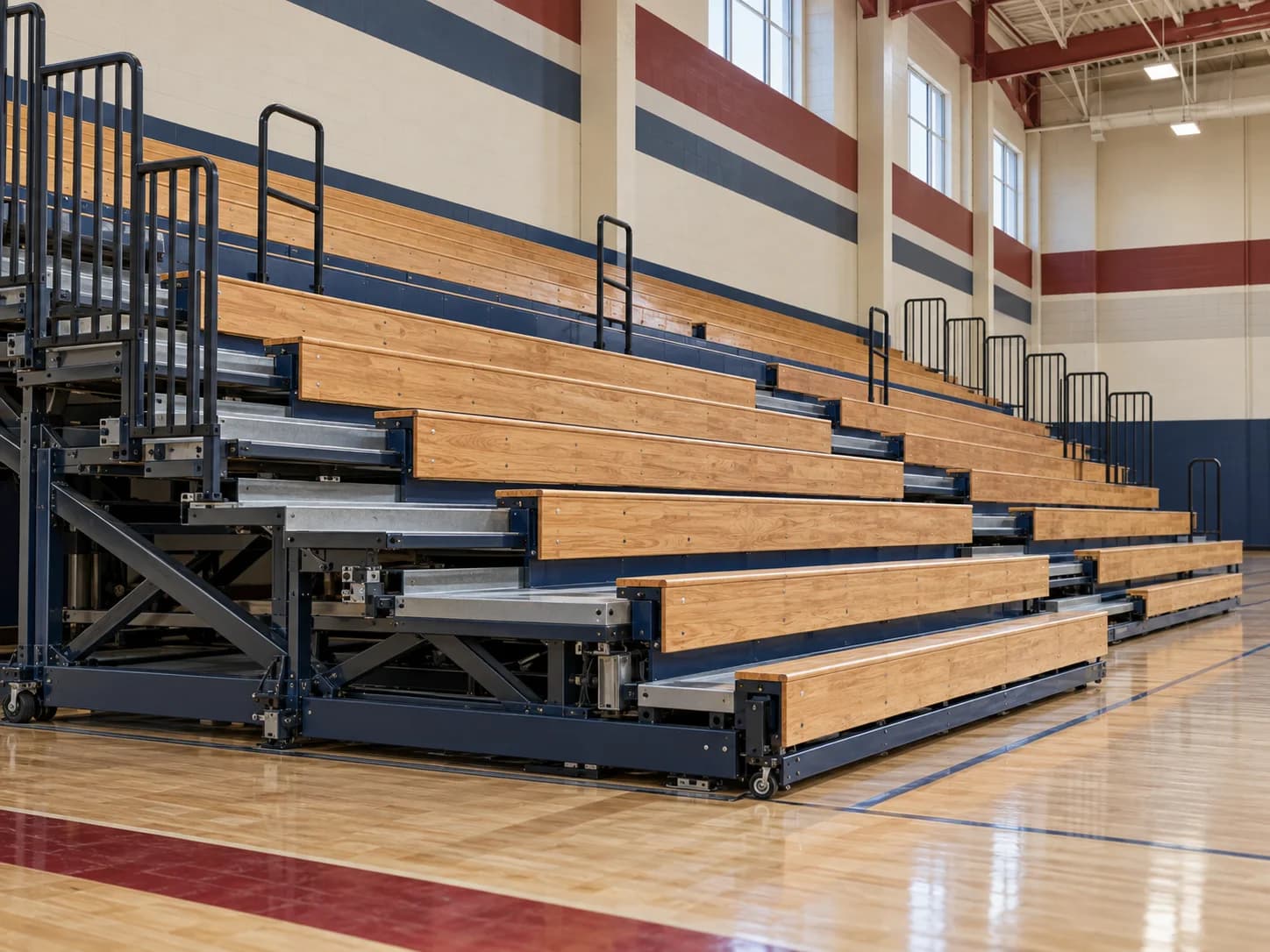 Partly extended wood and steel retractable bleachers in an empty gym
