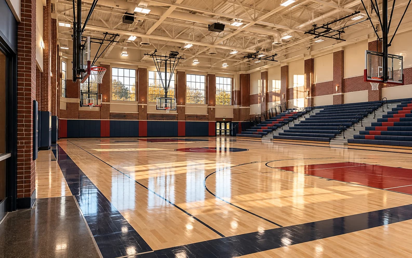 Renovated brick fieldhouse with basketball systems and retractable seating
